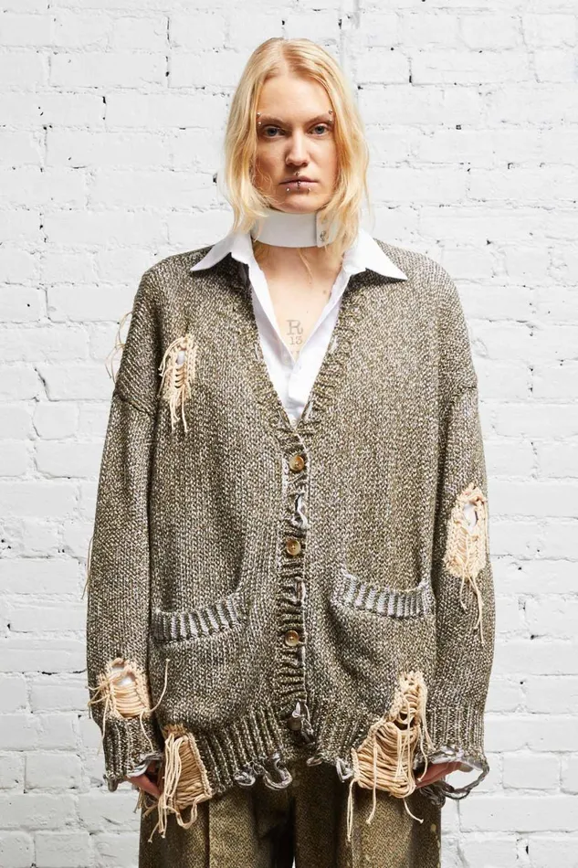 R13 Sale Women DISTRESSED JUMBO CARDIGAN 8211 PRINTED TWEED