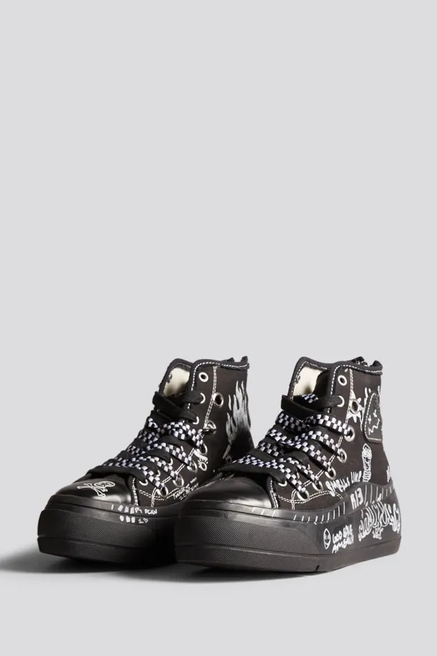 R13 Sale Women DOUBLE GROMMET KURT HIGH TOP SNEAKER 8211 BLACKOUT GRAFFITI
