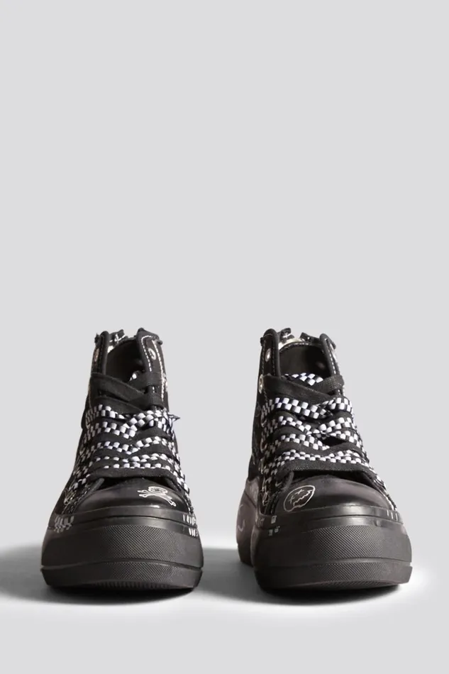 R13 Sale Women DOUBLE GROMMET KURT HIGH TOP SNEAKER 8211 BLACKOUT GRAFFITI