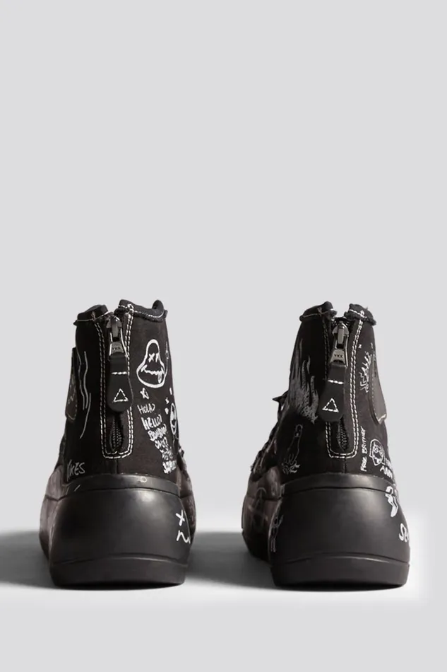 R13 Sale Women DOUBLE GROMMET KURT HIGH TOP SNEAKER 8211 BLACKOUT GRAFFITI