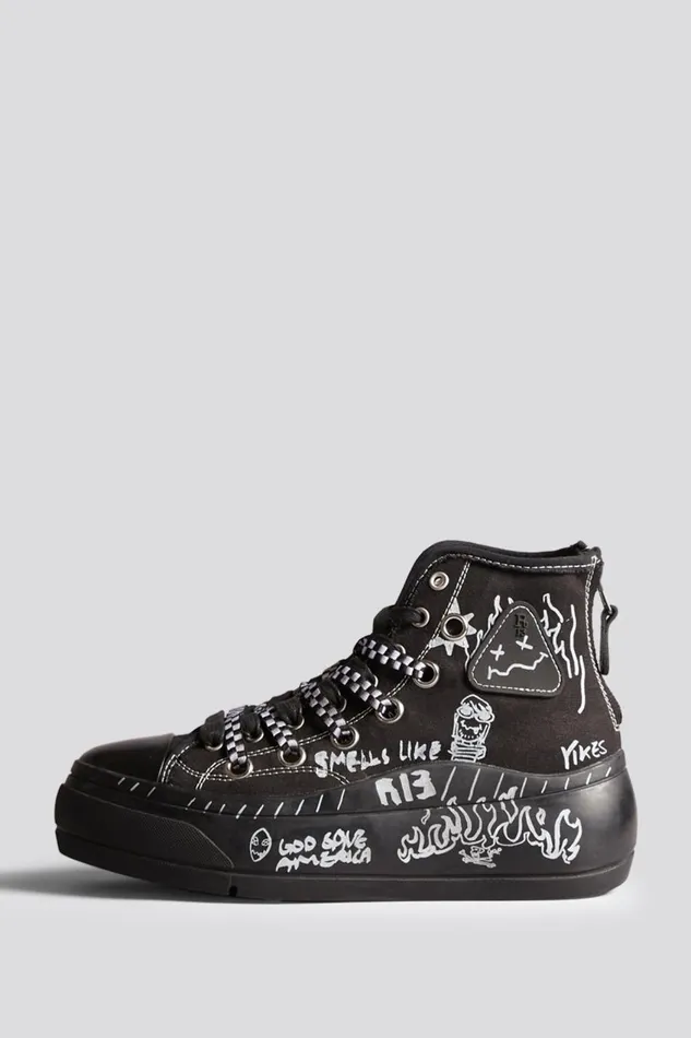 R13 Sale Women DOUBLE GROMMET KURT HIGH TOP SNEAKER 8211 BLACKOUT GRAFFITI