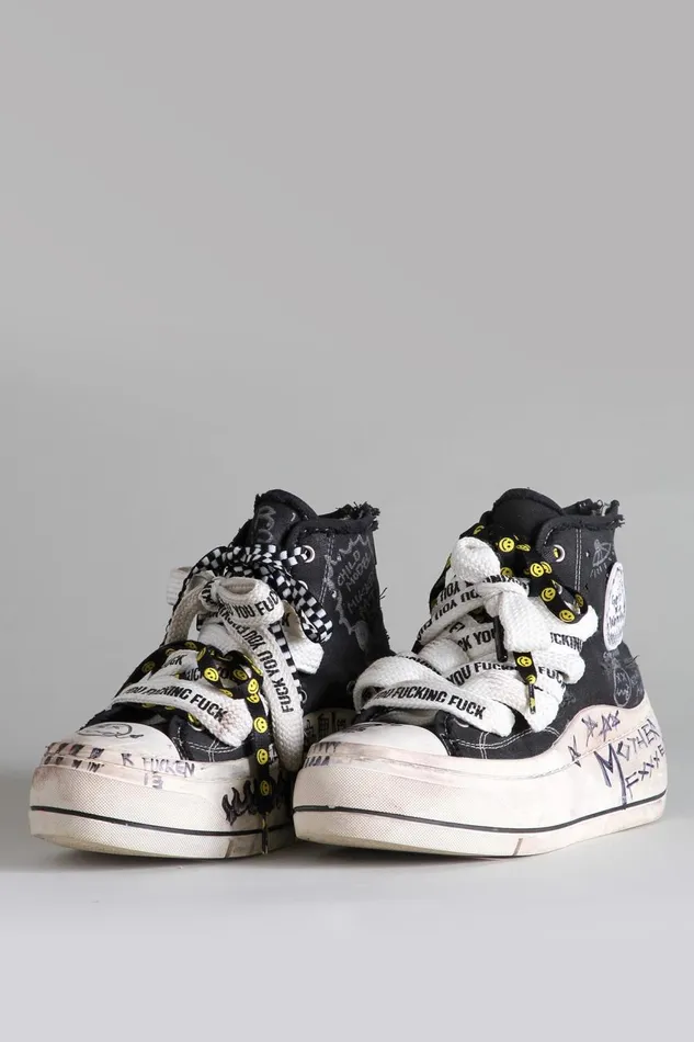 R13 Sale Women DOUBLE GROMMET KURT HIGH TOP SNEAKER 8211 GRAFFITI BLACK