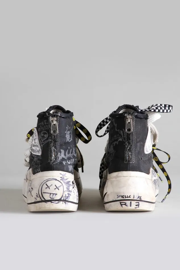 R13 Sale Women DOUBLE GROMMET KURT HIGH TOP SNEAKER 8211 GRAFFITI BLACK