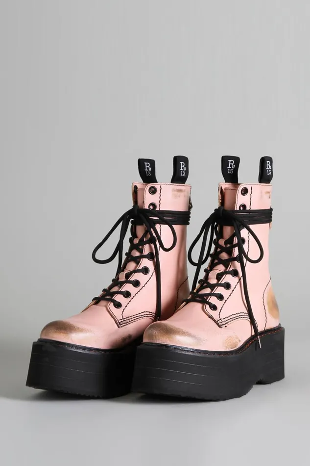 R13 Sale Women DOUBLE STACK BOOT 8211 PINK COMBAT BOOTS