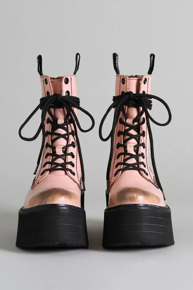 R13 Sale Women DOUBLE STACK BOOT 8211 PINK COMBAT BOOTS