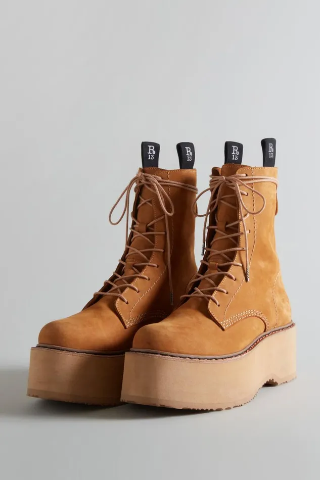 R13 Sale Women DOUBLE STACK BOOT 8211 TAN NUBUCK COMBAT BOOTS