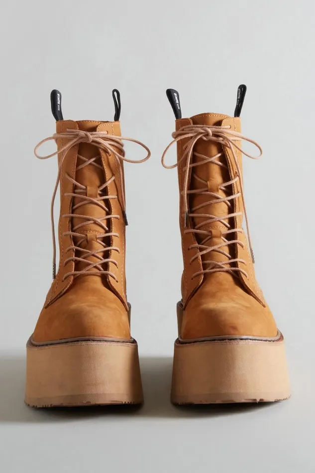 R13 Sale Women DOUBLE STACK BOOT 8211 TAN NUBUCK COMBAT BOOTS