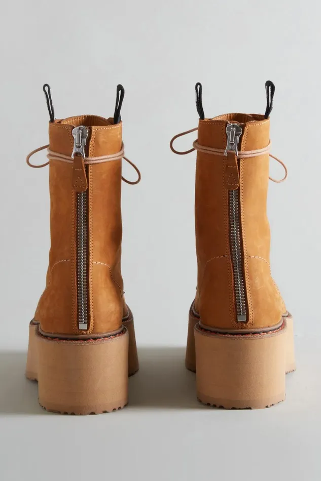 R13 Sale Women DOUBLE STACK BOOT 8211 TAN NUBUCK COMBAT BOOTS