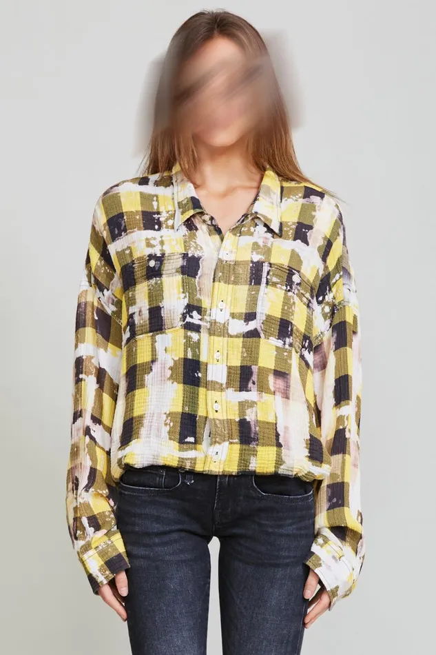 R13 Sale Women Gathered Hem Work Shirt 8211 Bleached Yellow Plaid