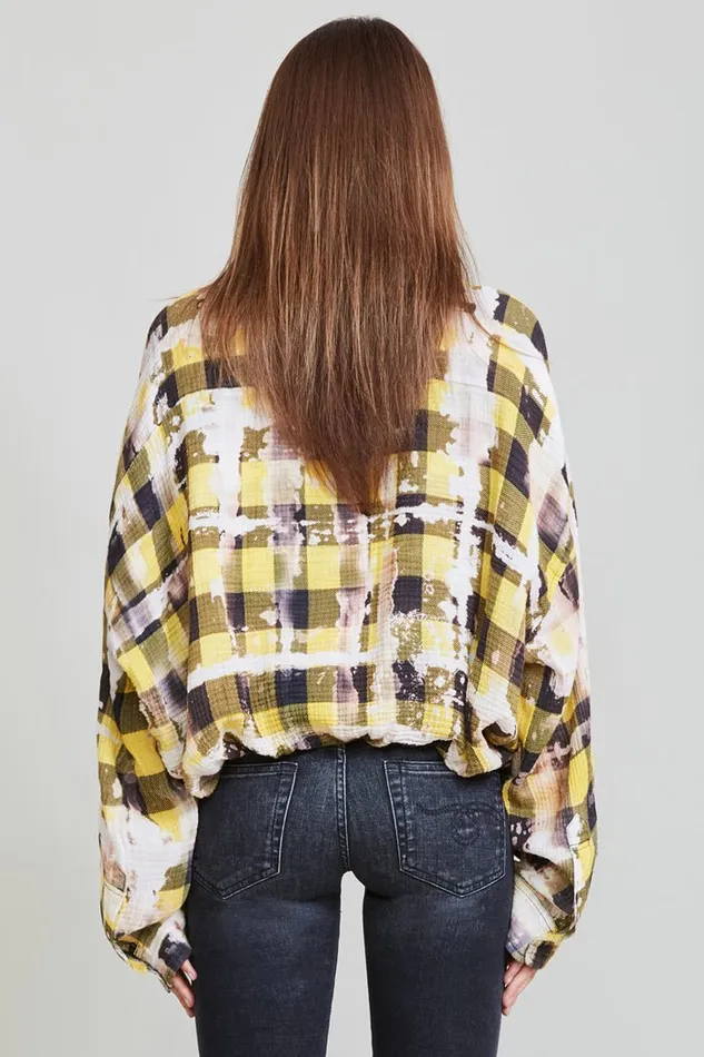 R13 Sale Women Gathered Hem Work Shirt 8211 Bleached Yellow Plaid