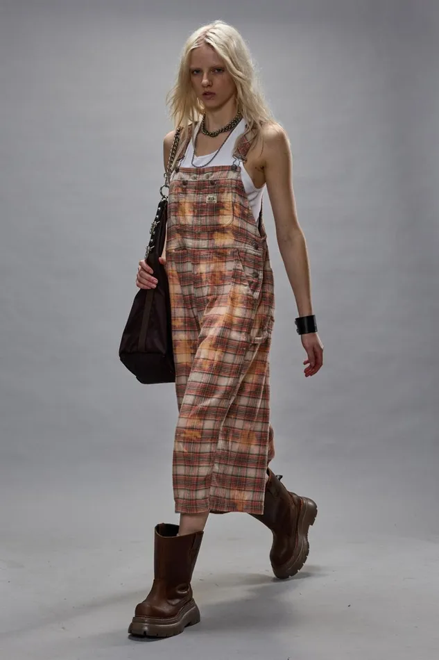R13 Sale Women JUMBO OVERALL 8211 BLEACHED ORANGE PLAID