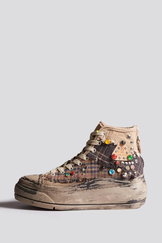 R13 Sale Women KURT HIGH TOP SNEAKER 8211 PLAID PATCHWORK WITH STUDS ALLOVER