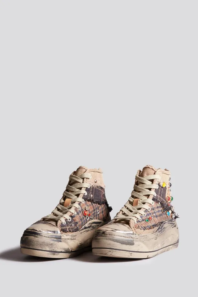R13 Sale Women KURT HIGH TOP SNEAKER 8211 PLAID PATCHWORK WITH STUDS ALLOVER