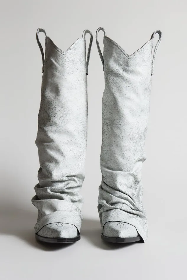 R13 Sale Women MID COWBOY BOOT 8211 CRACKLE WHITE
