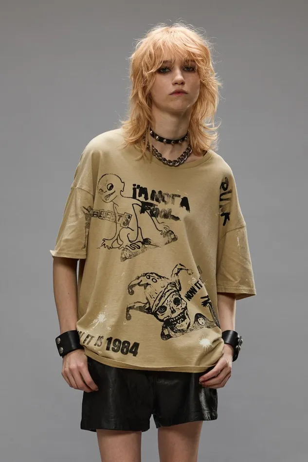 R13 Sale Women RELAXED STAMP TEE 8211 SPLATTERED KHAKI