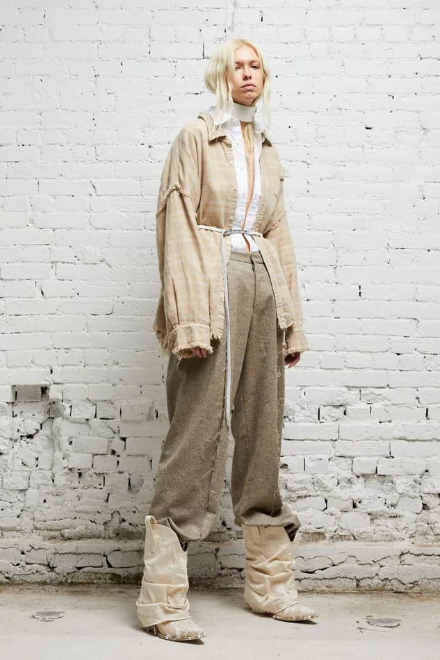 R13 Sale Women SHREDDED SEAM DROP NECK 8211 OVERDYED KHAKI PLAID