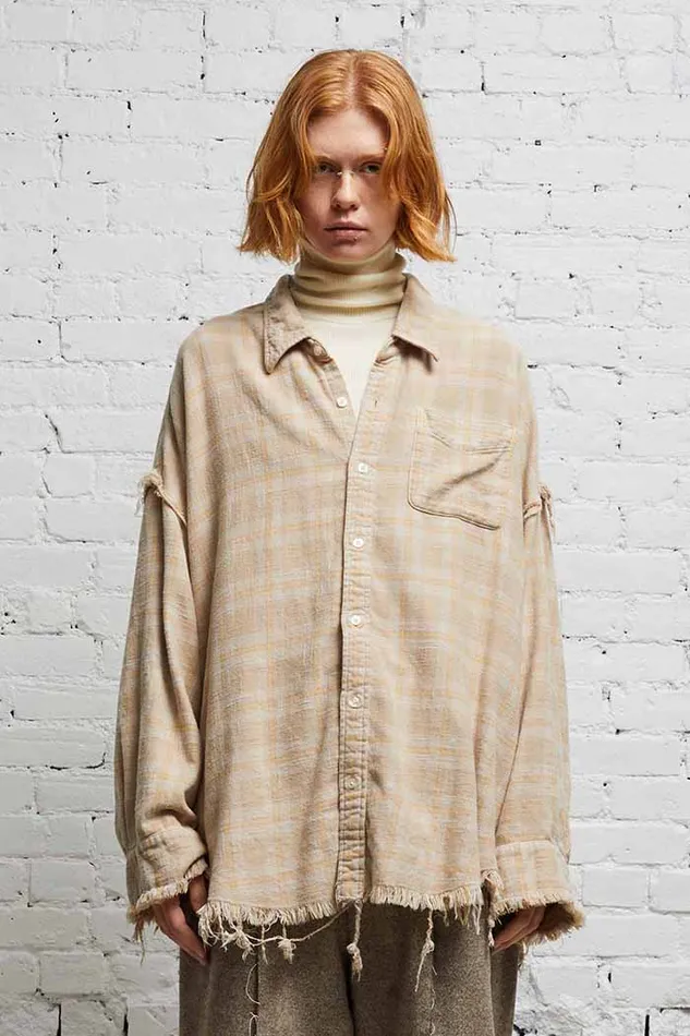 R13 Sale Women SHREDDED SEAM DROP NECK 8211 OVERDYED KHAKI PLAID