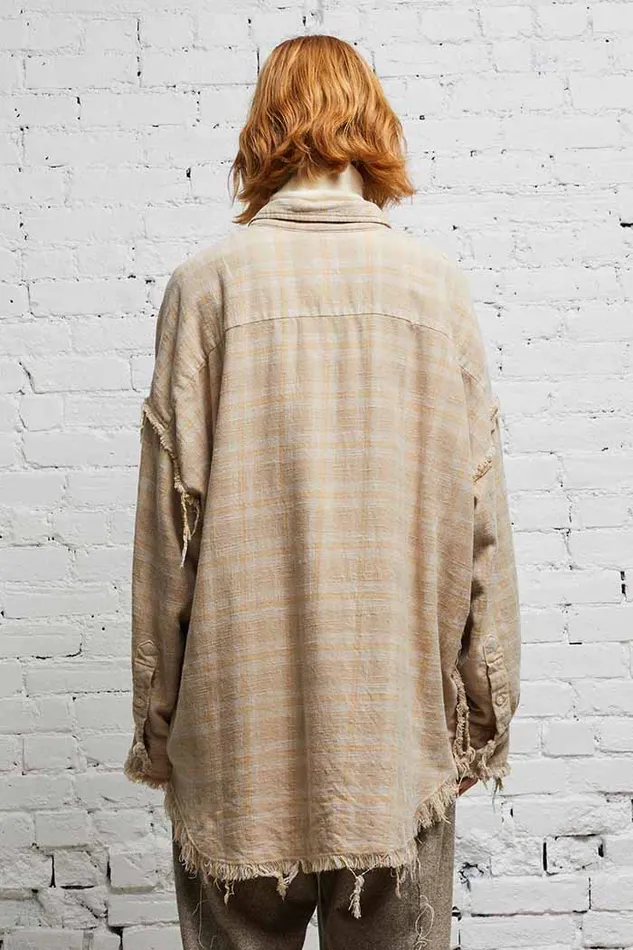 R13 Sale Women SHREDDED SEAM DROP NECK 8211 OVERDYED KHAKI PLAID