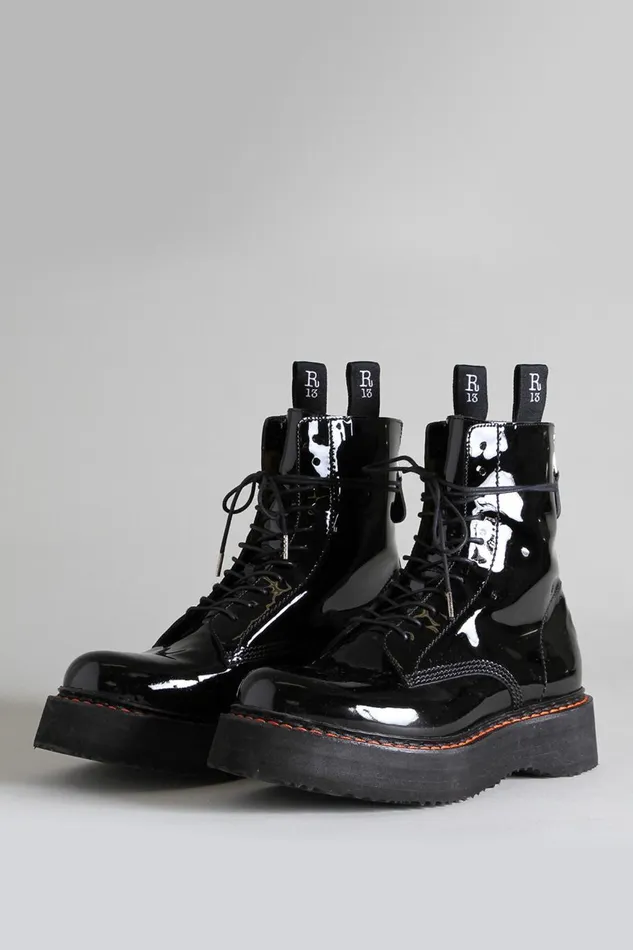 R13 Sale Women SINGLE STACK BOOT 8211 BLACK PATENT