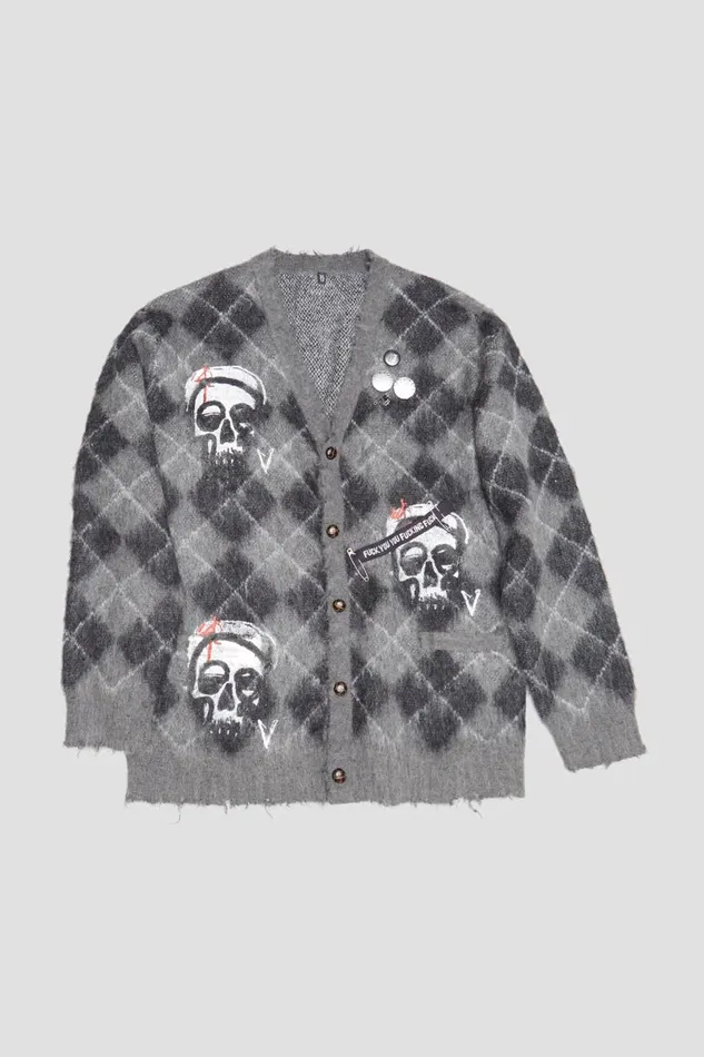 R13 Sale Women SKULL PRINT CARDIGAN 8211 GREYBLACK ARGYLE