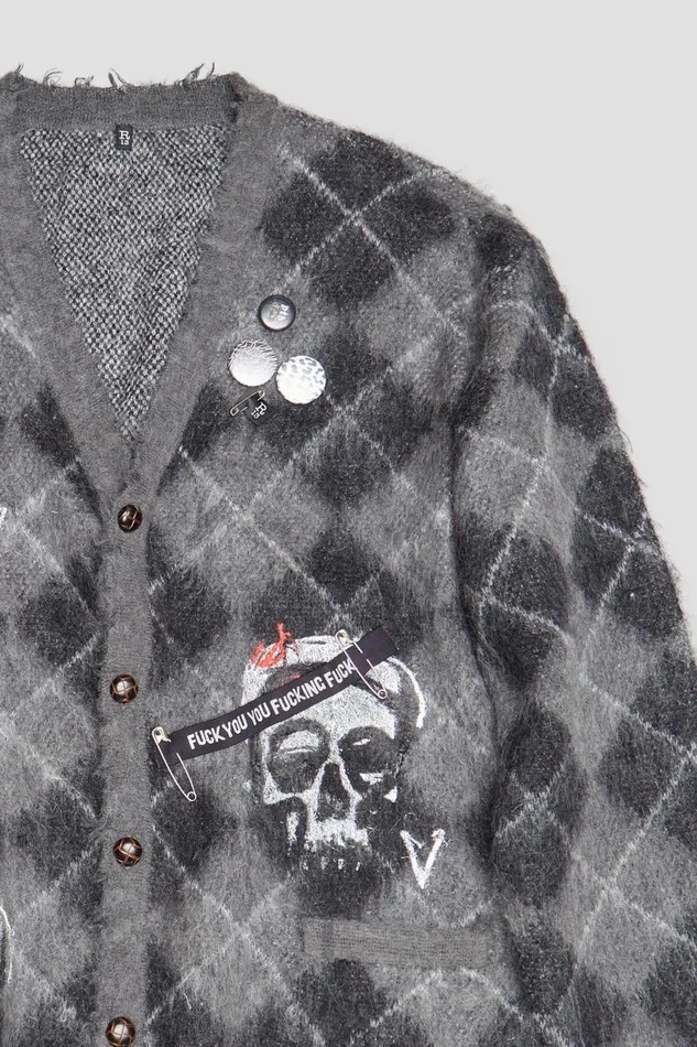 R13 Sale Women SKULL PRINT CARDIGAN 8211 GREYBLACK ARGYLE