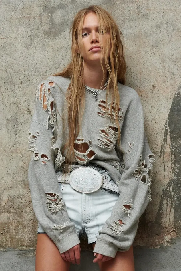 R13 Sale Women Super Distressed Oversized Crewneck 8211 Heather Grey Denim