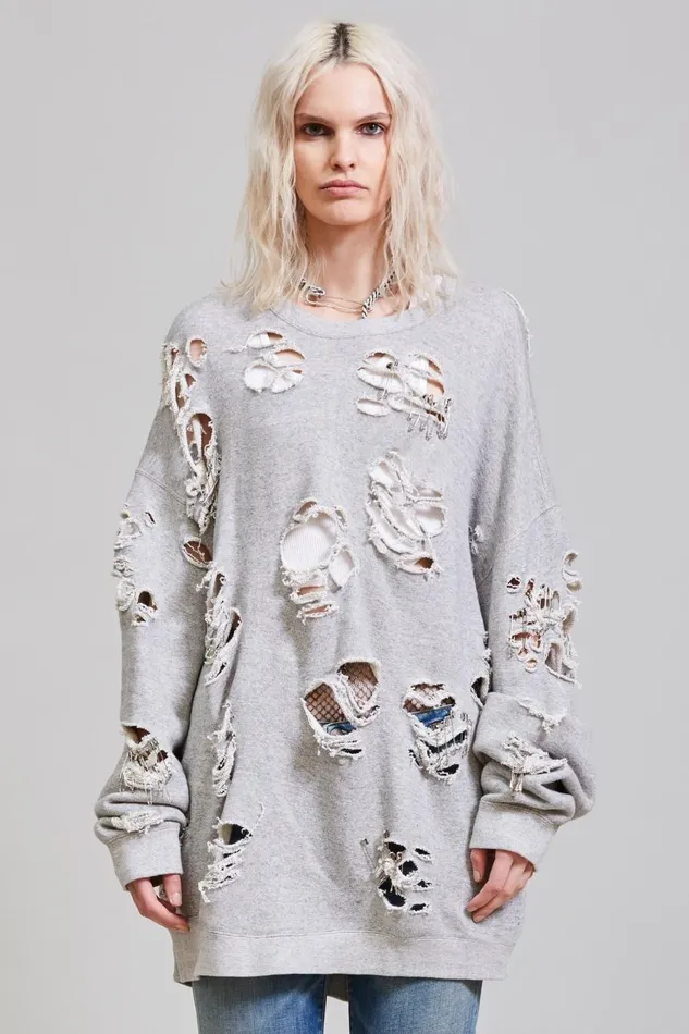 R13 Sale Women Super Distressed Oversized Crewneck 8211 Heather Grey Denim R13 Sale Women Super Distressed Oversized Crewneck 8211 Heather Grey Denim
