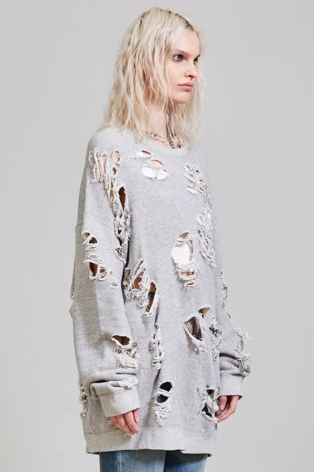 R13 Sale Women Super Distressed Oversized Crewneck 8211 Heather Grey Denim R13 Sale Women Super Distressed Oversized Crewneck 8211 Heather Grey Denim