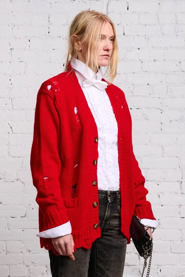 R13 Sweaters Women OVERSIZED DISTRESSED CARDIGAN 8211 RED CASHMERE