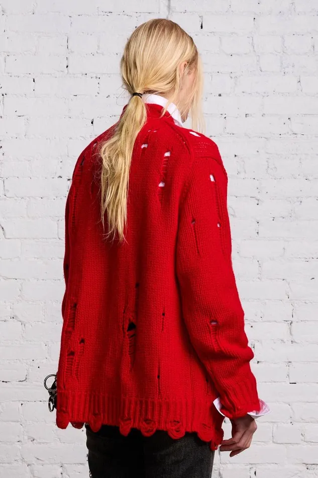 R13 Sweaters Women OVERSIZED DISTRESSED CARDIGAN 8211 RED CASHMERE