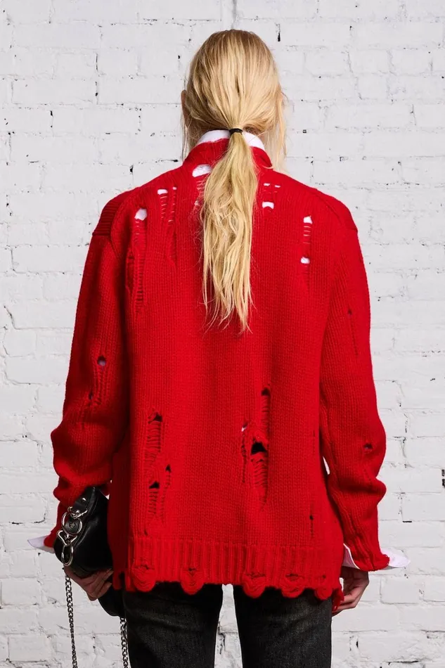R13 Sweaters Women OVERSIZED DISTRESSED CARDIGAN 8211 RED CASHMERE