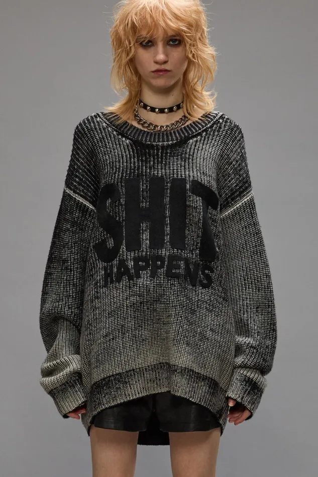 R13 Sweaters Women SHIT HAPPENS BOYFRIEND SWEATER 8211 DISTRESSED BLACK