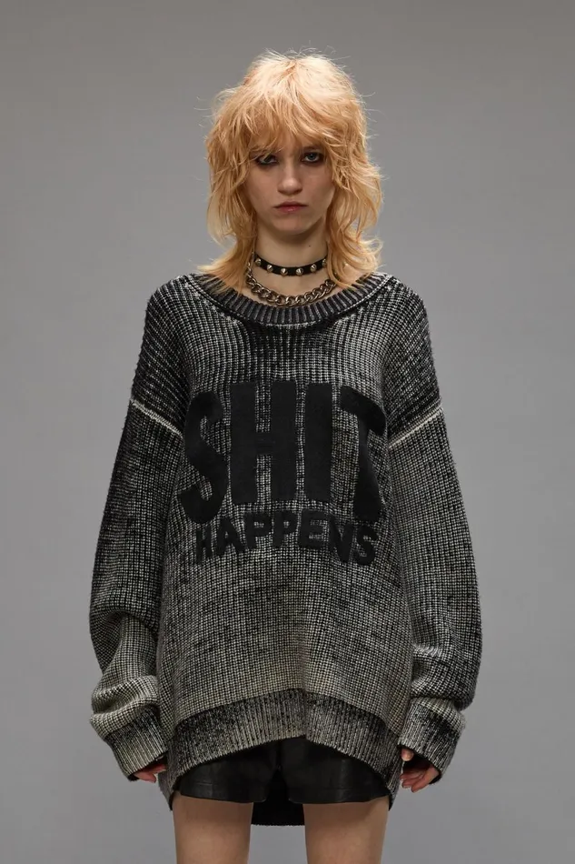 R13 Sweaters Women SHIT HAPPENS BOYFRIEND SWEATER 8211 DISTRESSED BLACK