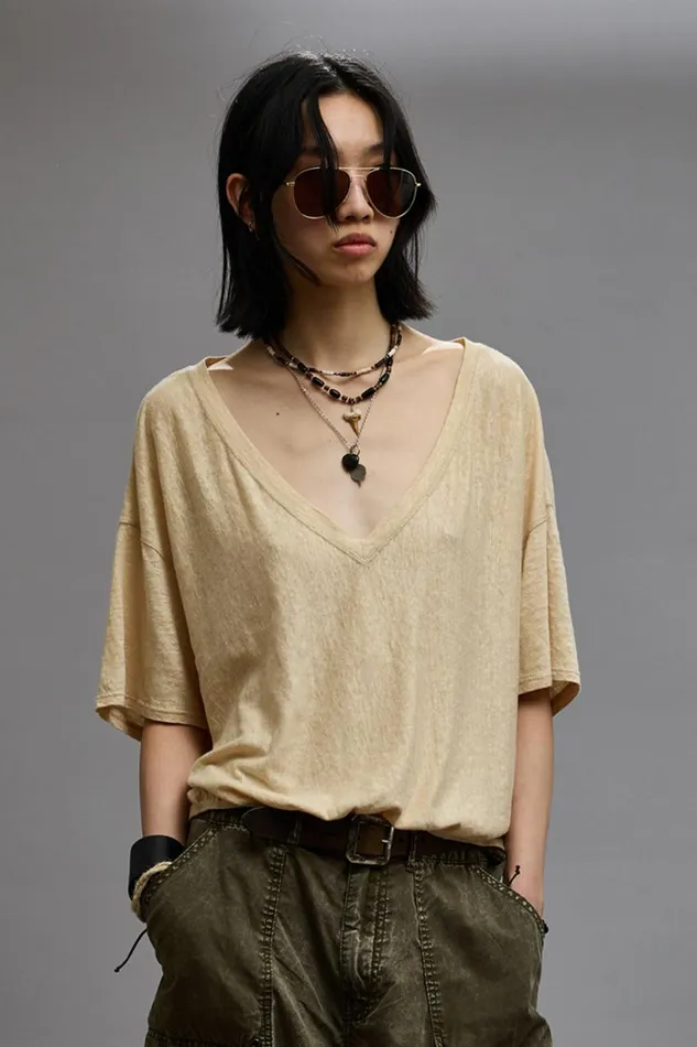 R13 TShirts Women GATHERED HEM VNECK TEE 8211 KHAKI
