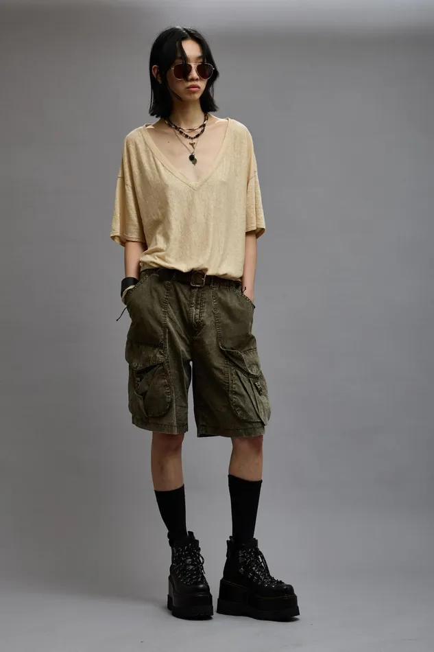 R13 TShirts Women GATHERED HEM VNECK TEE 8211 KHAKI