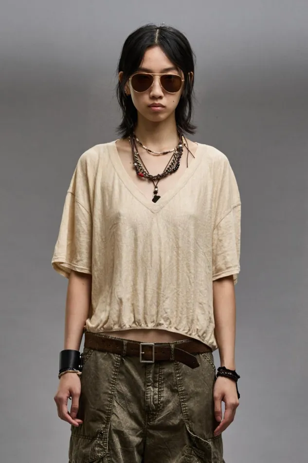 R13 TShirts Women GATHERED HEM VNECK TEE 8211 KHAKI