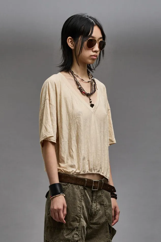 R13 TShirts Women GATHERED HEM VNECK TEE 8211 KHAKI
