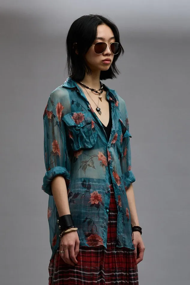 R13 Tops Women BELLOW POCKET RELAXED SHIRT 8211 BLUE FLORAL