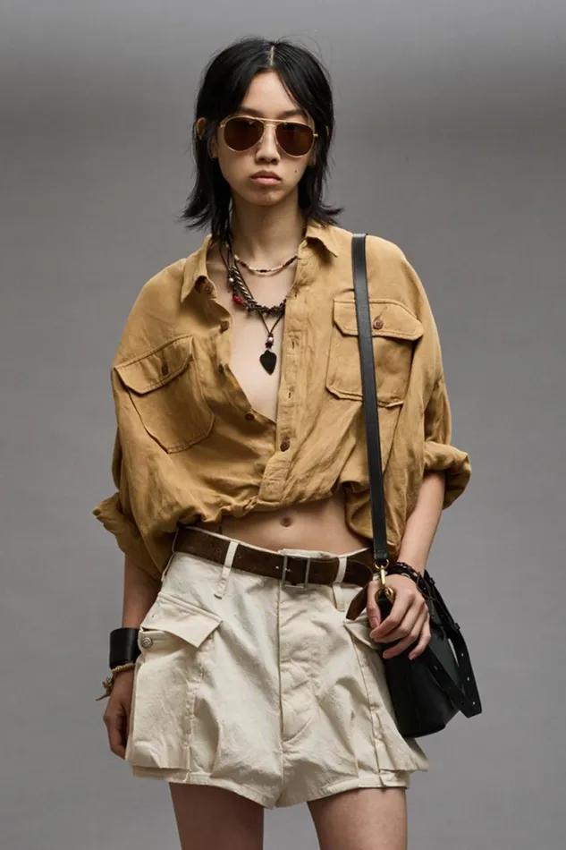 R13 Tops Women CROSSOVER UTILITY BUBBLE SHIRT 8211 KHAKI