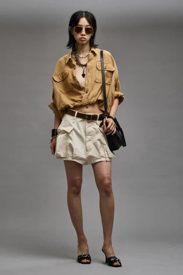 R13 Tops Women CROSSOVER UTILITY BUBBLE SHIRT 8211 KHAKI
