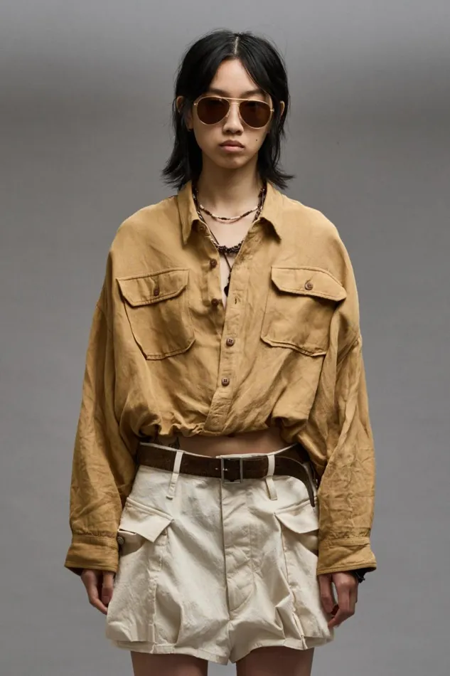 R13 Tops Women CROSSOVER UTILITY BUBBLE SHIRT 8211 KHAKI