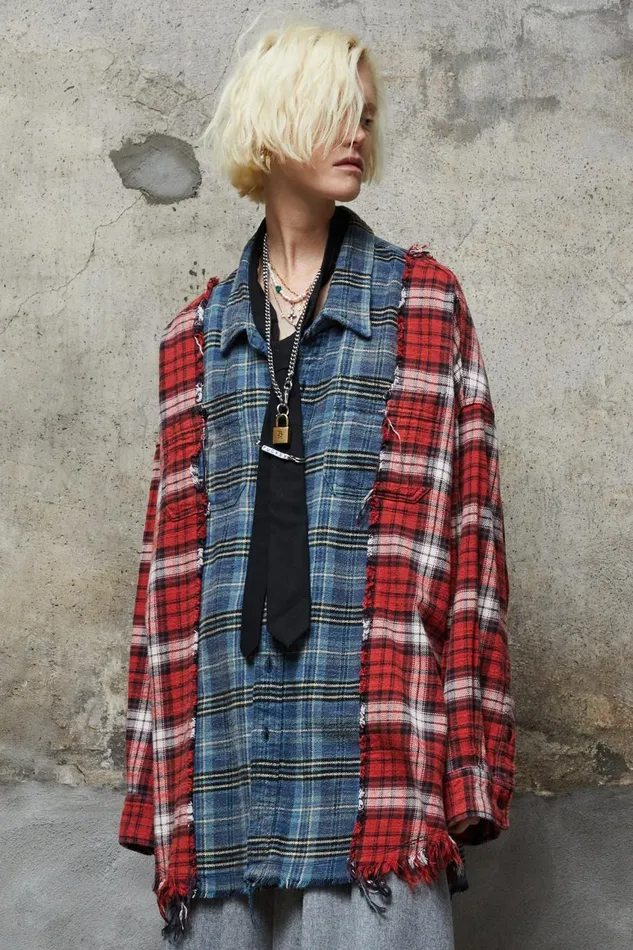 R13 Tops Women DROP NECK COMBO WORK SHIRT 8211 REDBLUE PLAID