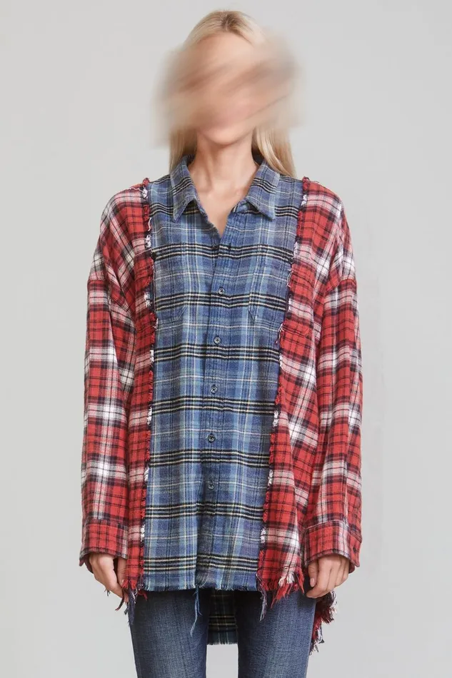 R13 Tops Women DROP NECK COMBO WORK SHIRT 8211 REDBLUE PLAID