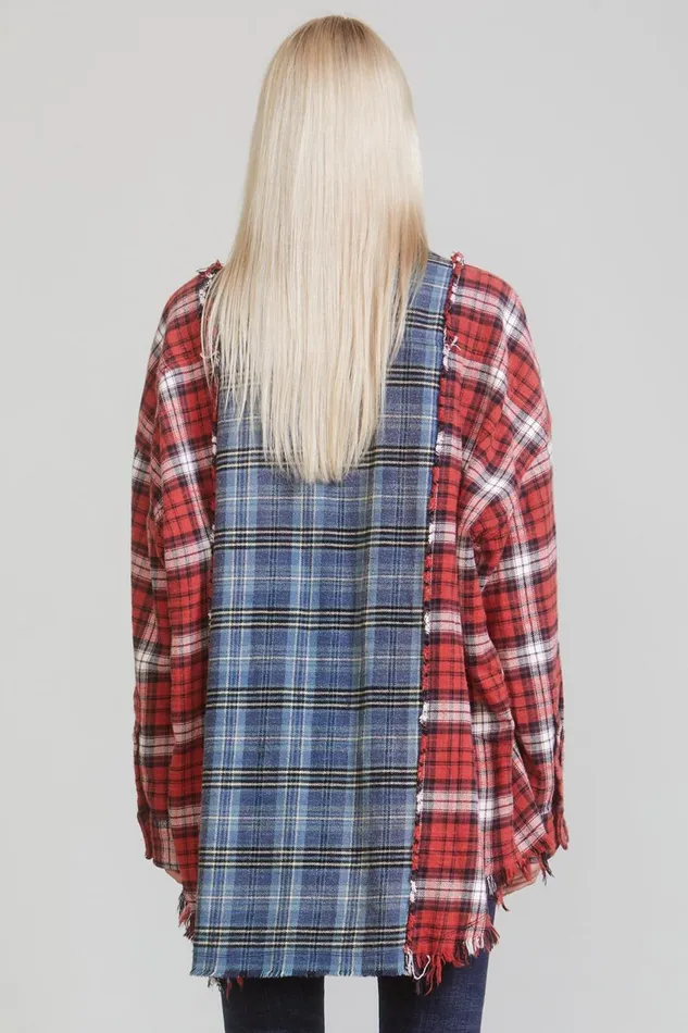 R13 Tops Women DROP NECK COMBO WORK SHIRT 8211 REDBLUE PLAID