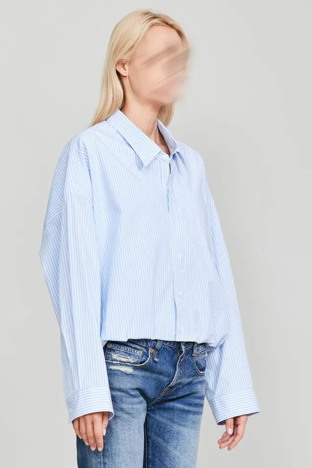 R13 Tops Women GATHERED HEM SHIRT 8211 LIGHT BLUE STRIPE