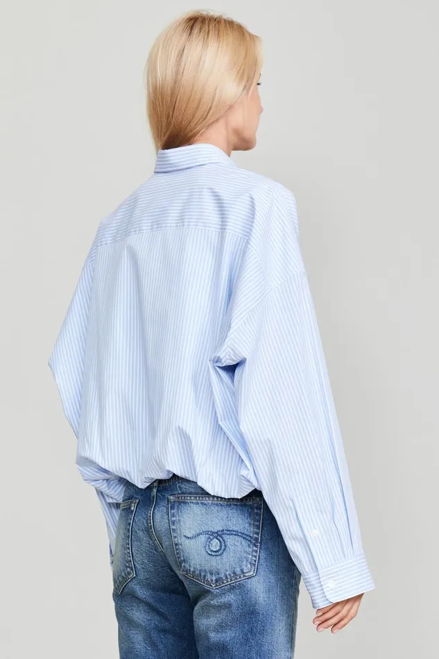 R13 Tops Women GATHERED HEM SHIRT 8211 LIGHT BLUE STRIPE