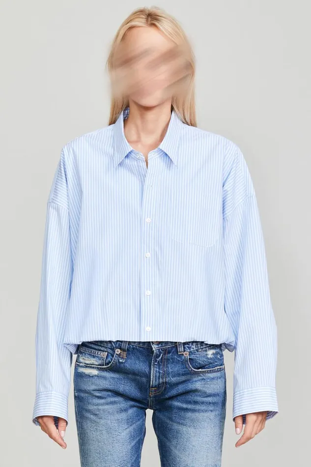 R13 Tops Women GATHERED HEM SHIRT 8211 LIGHT BLUE STRIPE