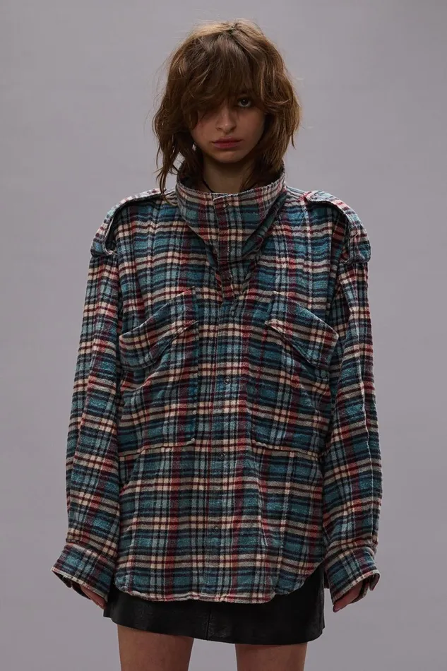 R13 Tops Women HIGH NECK SHIRT 8211 BLUE PLAID