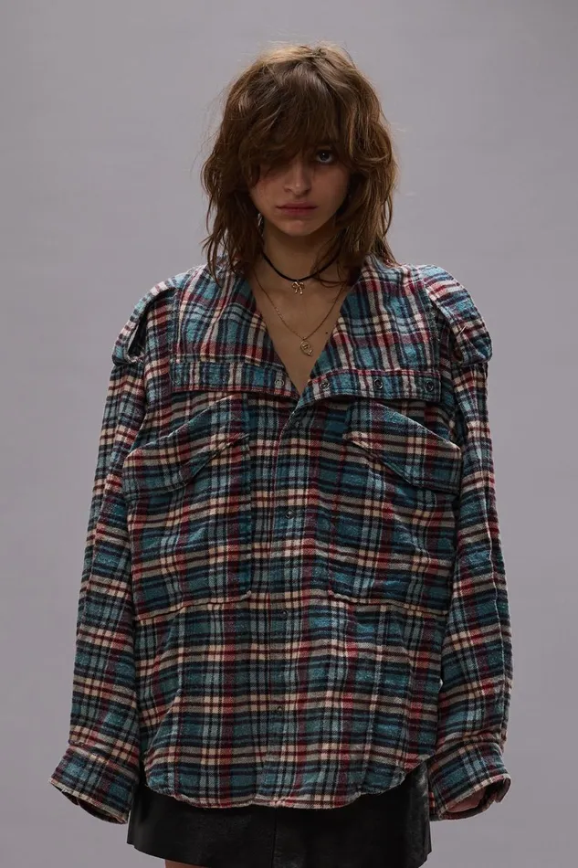 R13 Tops Women HIGH NECK SHIRT 8211 BLUE PLAID