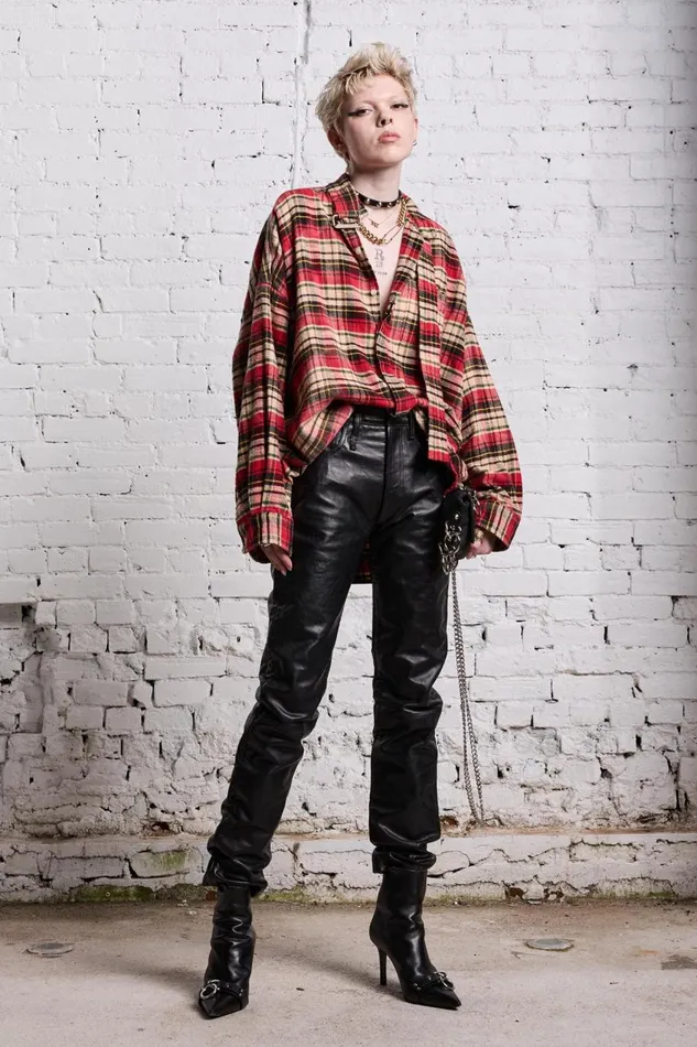 R13 Tops Women OVERSIZED BELT COLLAR SHIRT 8211 BLEACHED RED PLAID